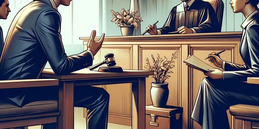 A painting of four people in a courtroom