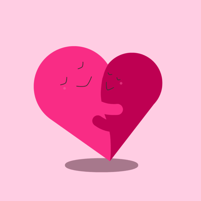 Two hearts hugging with smiling faces.