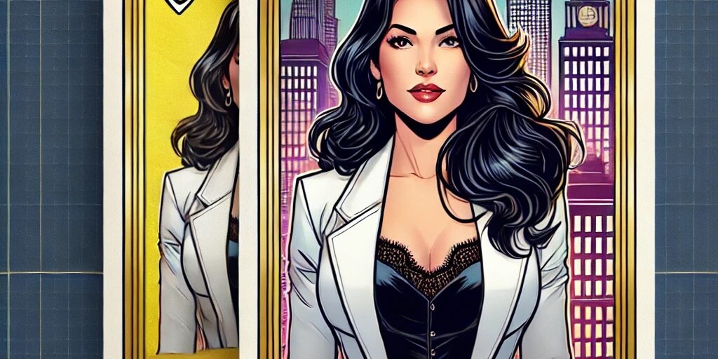 A couple of cards with a woman on top