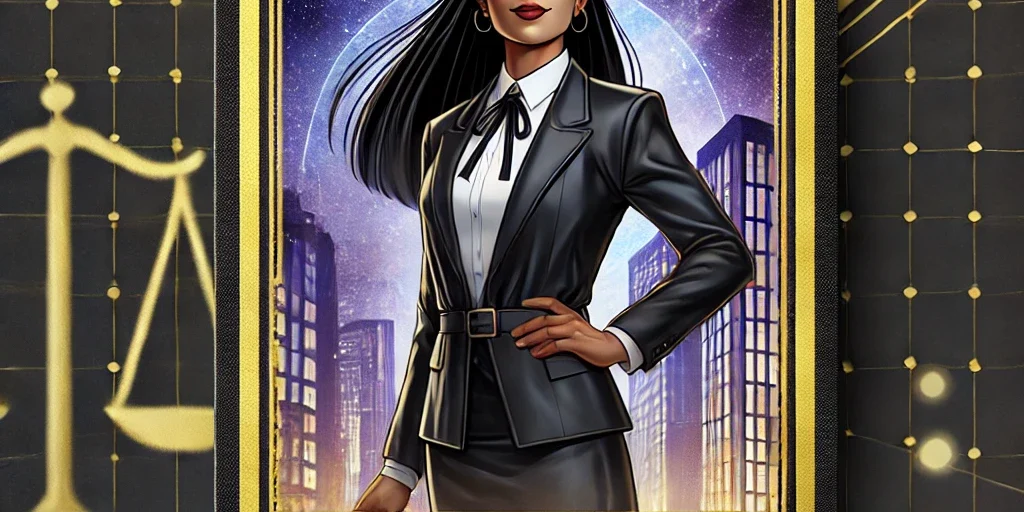 A card with a woman in a suit and tie.