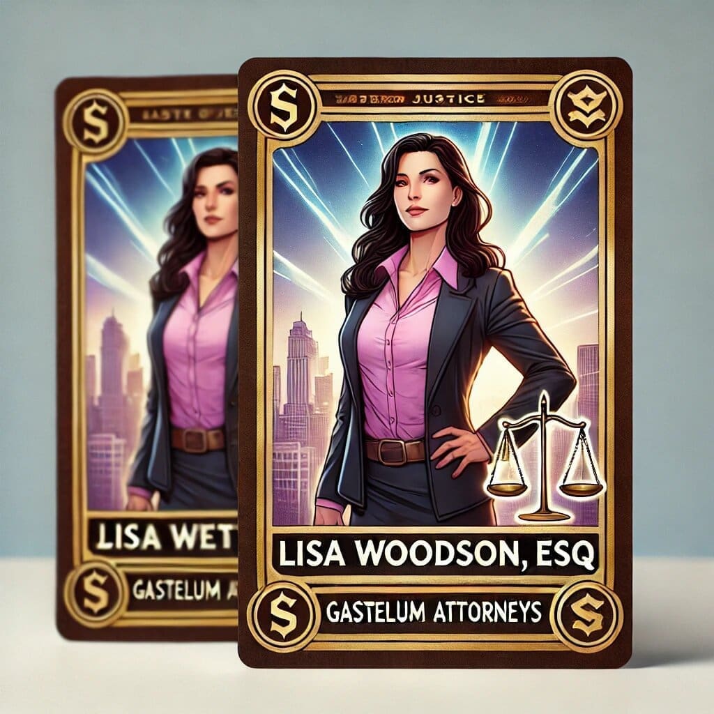 A pair of cards with the image of a woman holding a scale.