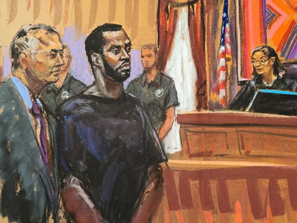 A court drawing of a man in black shirt.