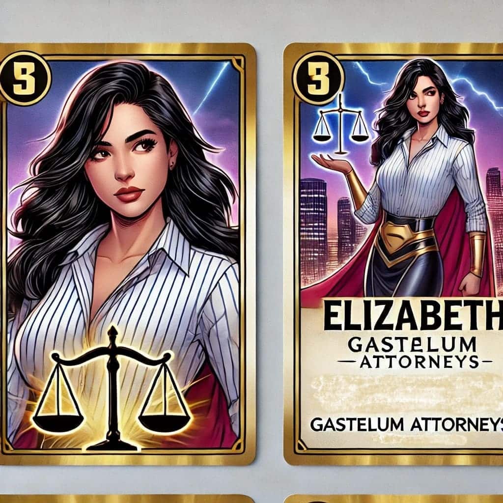 A card game with two cards and one of the cards has a woman holding a scale.