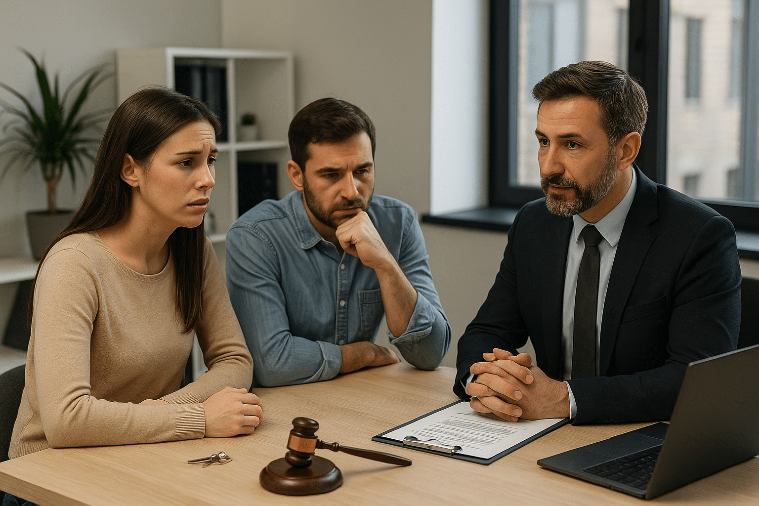 Worried couple consulting with a lawyer in an office, with legal documents and gavel on the table