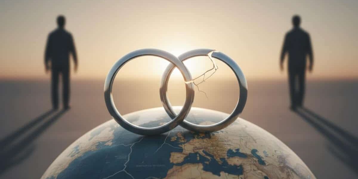 Broken rings on globe with silhouettes, text. Broken rings on globe with silhouettes, text.