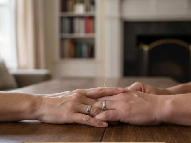Hands with rings holding on table.