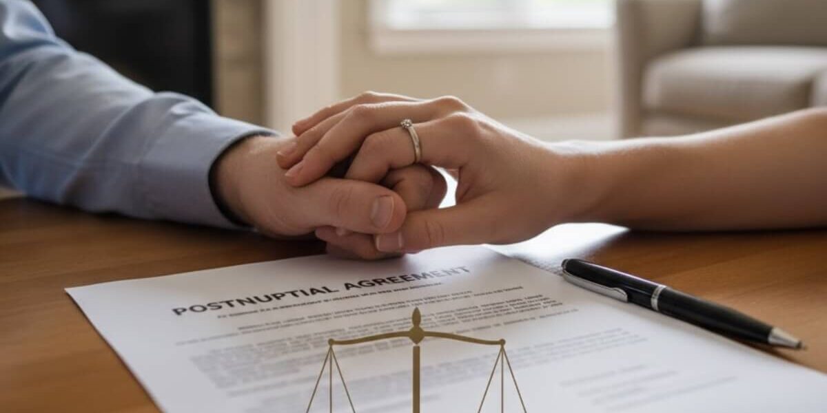 Couple holding hands over postnuptial agreement. Couple holding hands over postnuptial agreement.